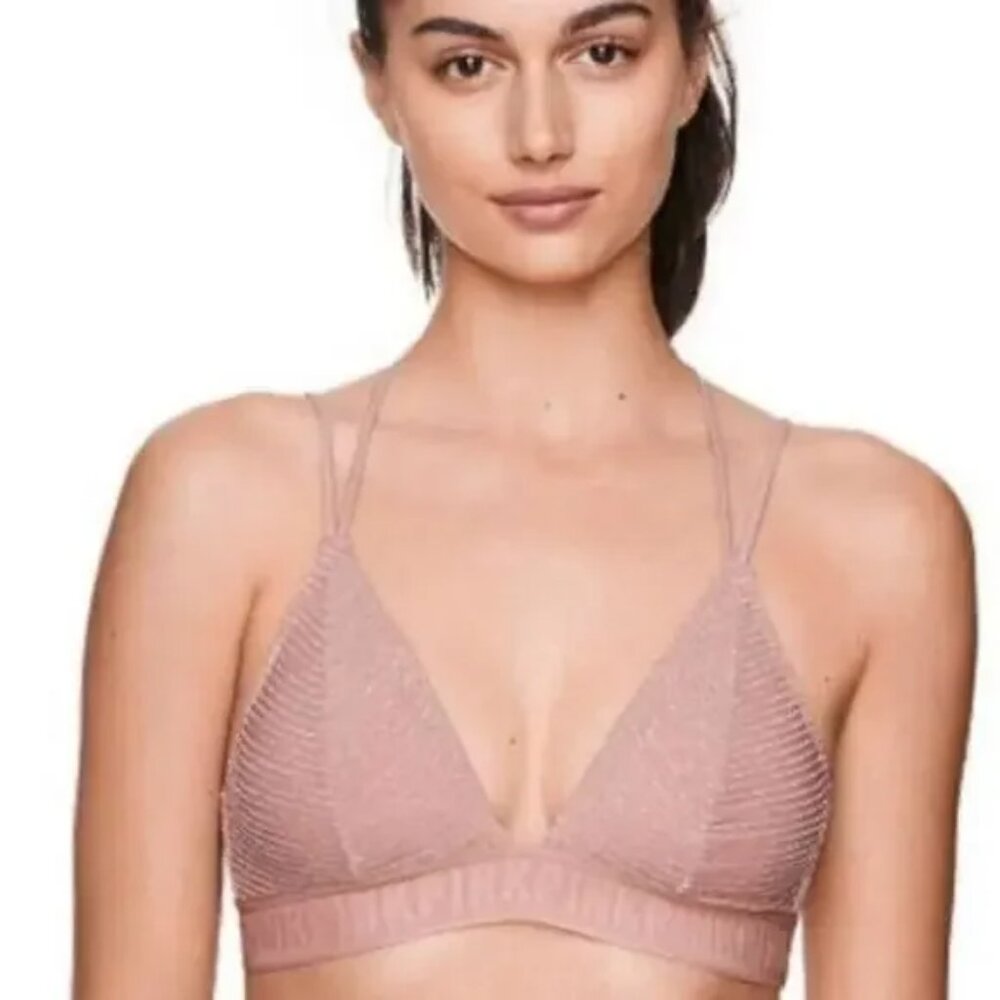 EUC VS PINK Blush Pink Mesh Silver Metallic Strappy Back Triangle Bralette